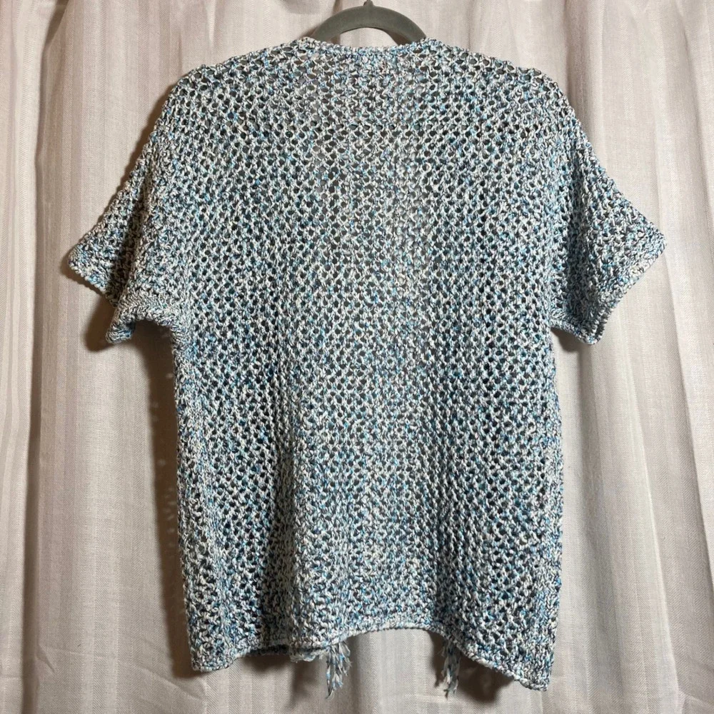Chicos‎ Blue White Open Knit Cardigan Short Sleeve Fringe Trim Sweater 1 Coastal